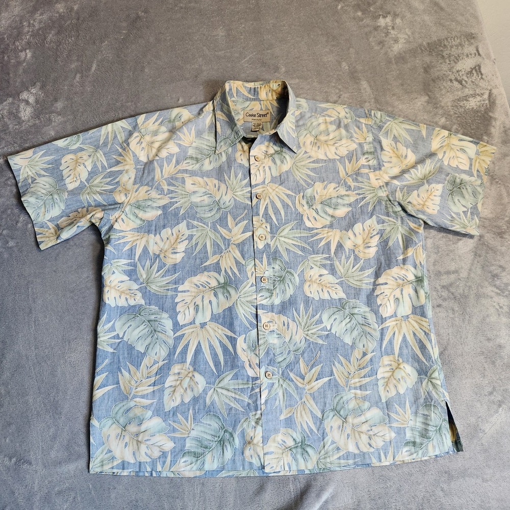 Cooke Street Aloha Luau Hawaiian Shirt Mens Large Blue Tropical Monstera Leaf L